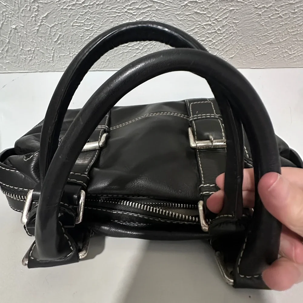 Michael Michael‎ Kors Black Leather Satchel Bag Contrast Stitch Buckle Detail